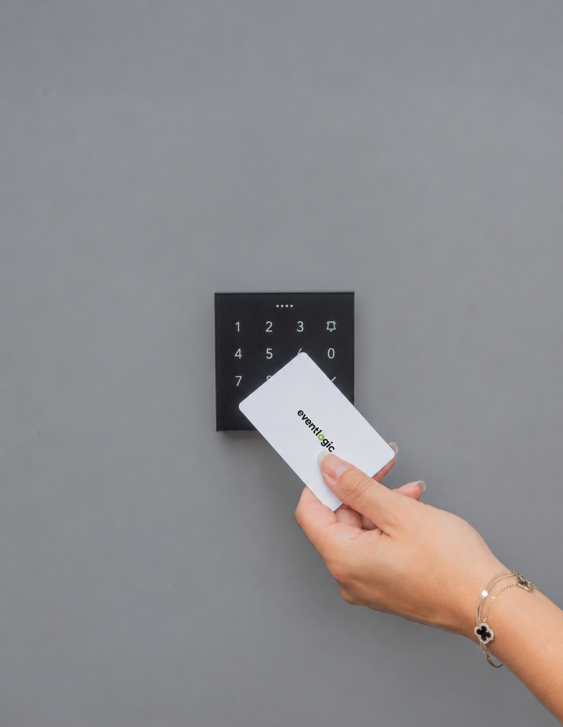 An Eventlogic NFC card is presented to a Loxone NFC Code Touch panel