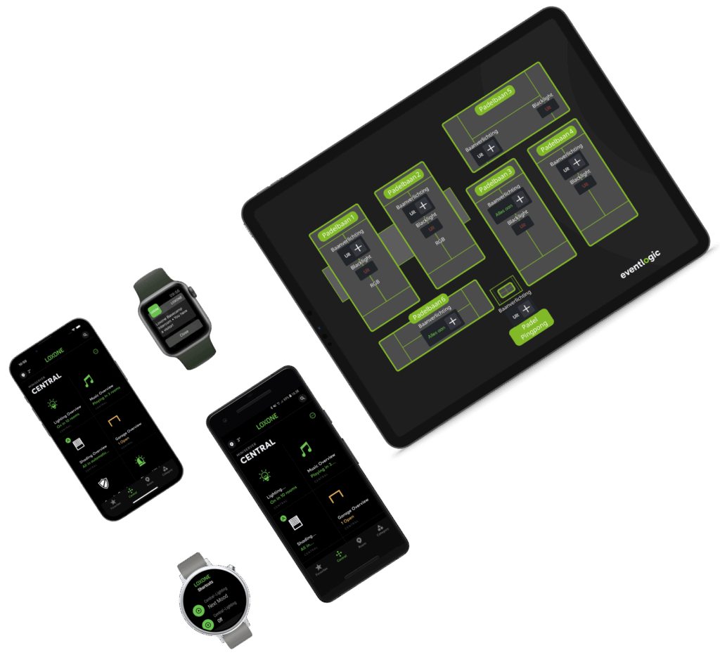 App on smartphone, smartwatch and tablet showing an interactive map of padel courts