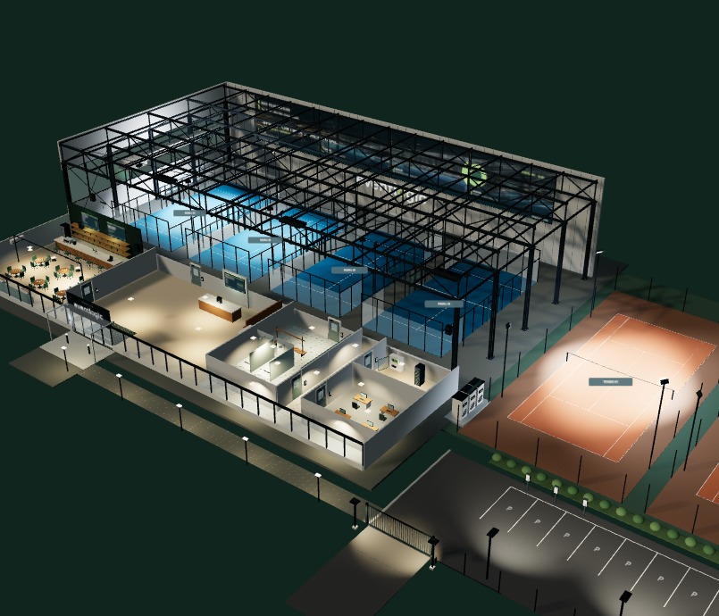 The interactive 3D club with its padel hall, clubhouse and outdoor courts