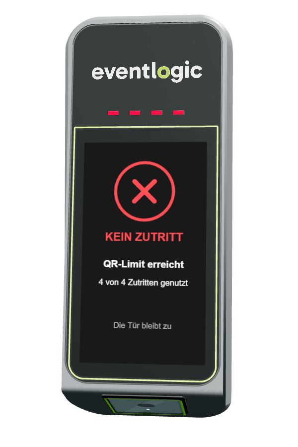 SmartClub Entry: KEIN ZUTRITT. QR-Limit erreicht. 4 von 4 Zutritten genutzt. Die Tür bleibt zu.