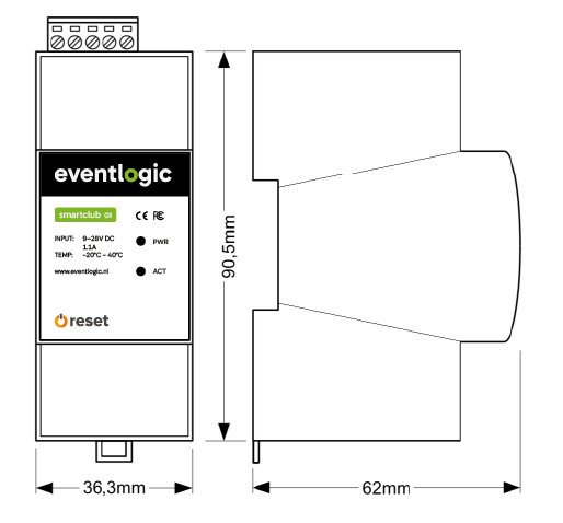 Technical drawing of the SmartClub G1: front and side views showing height, width and depth.