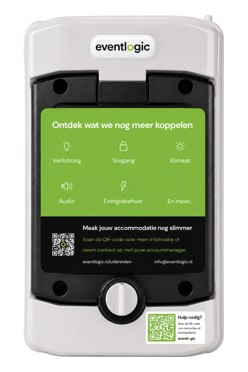 Closed Eventlogic installation cabinet with the Eventlogic logo and a QR code sticker for support