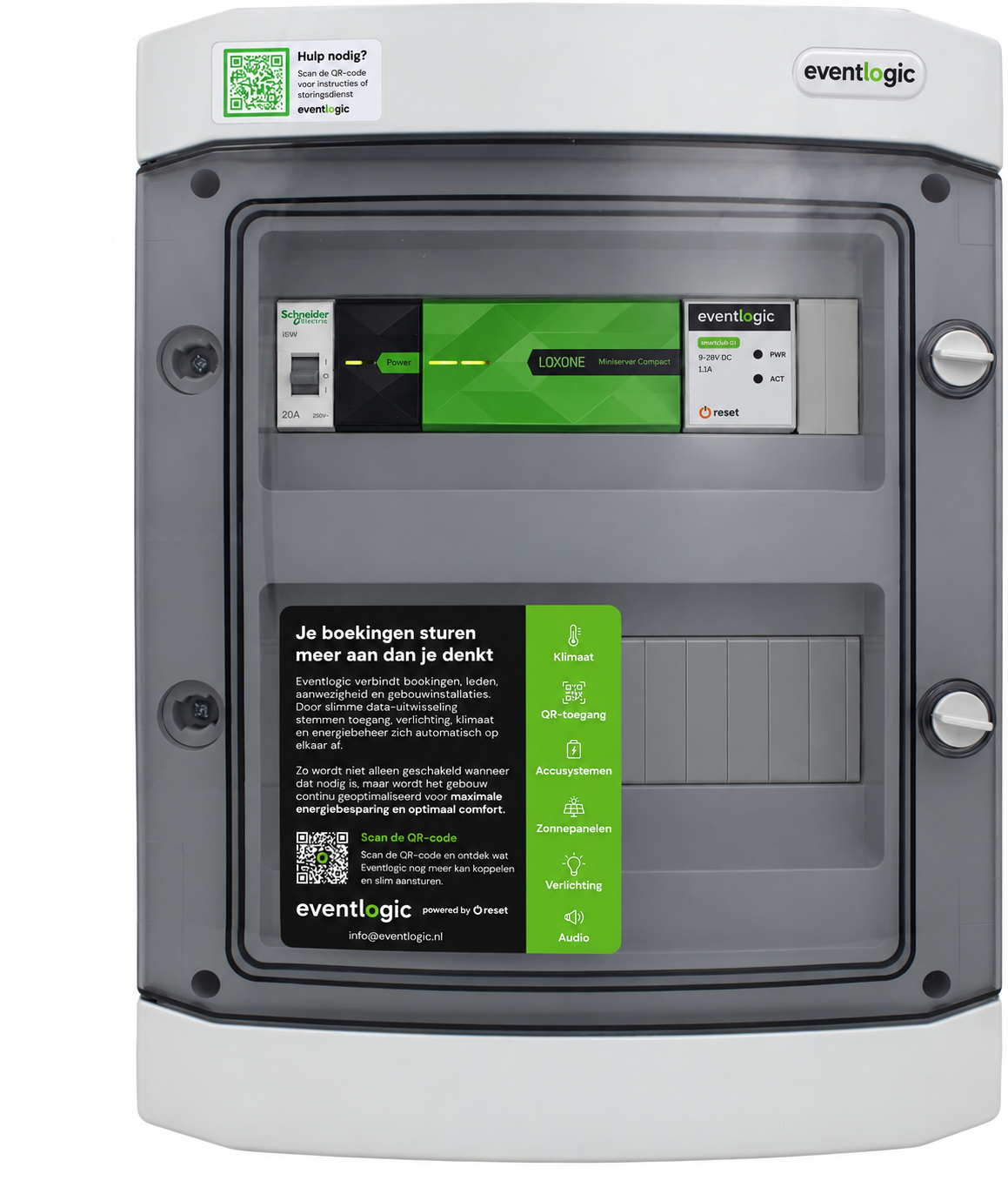 Installation cabinet of the lighting management starter package with a Schneider circuit breaker, Loxone Miniserver Compact and SmartClub G1