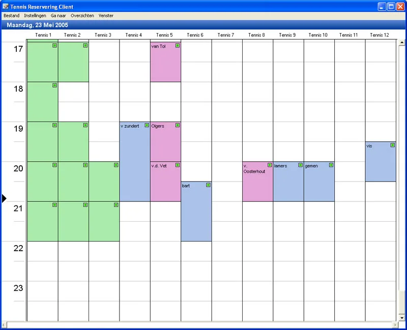 The daily grid of the Tennis Reservering Client with twelve tennis courts, May 2005